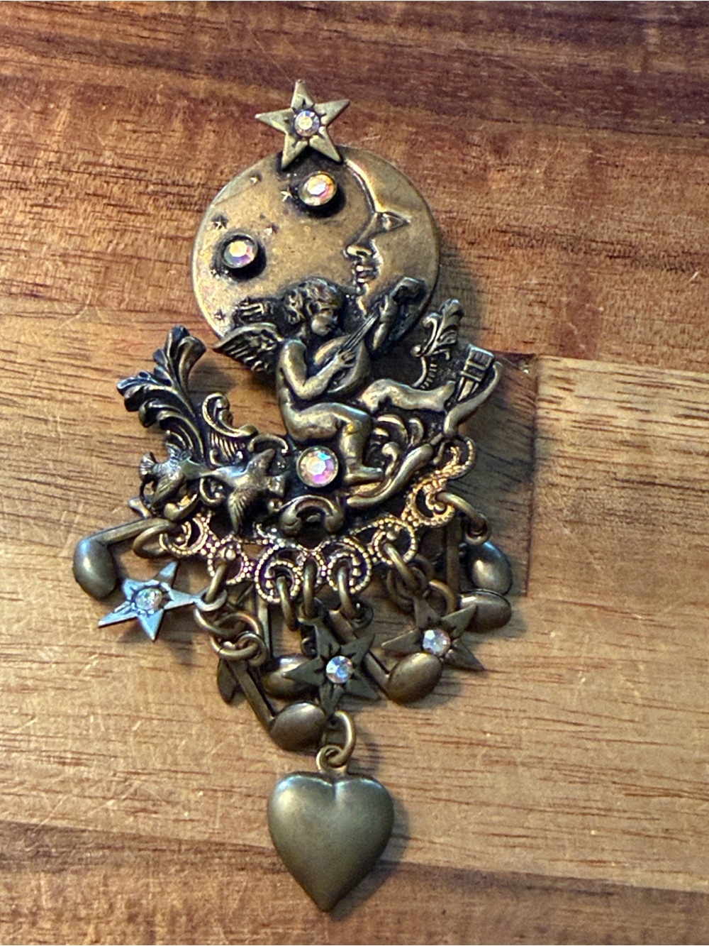 Top Shelf Signed Vintage Cherub Play Music & Moon With Dangling Charms